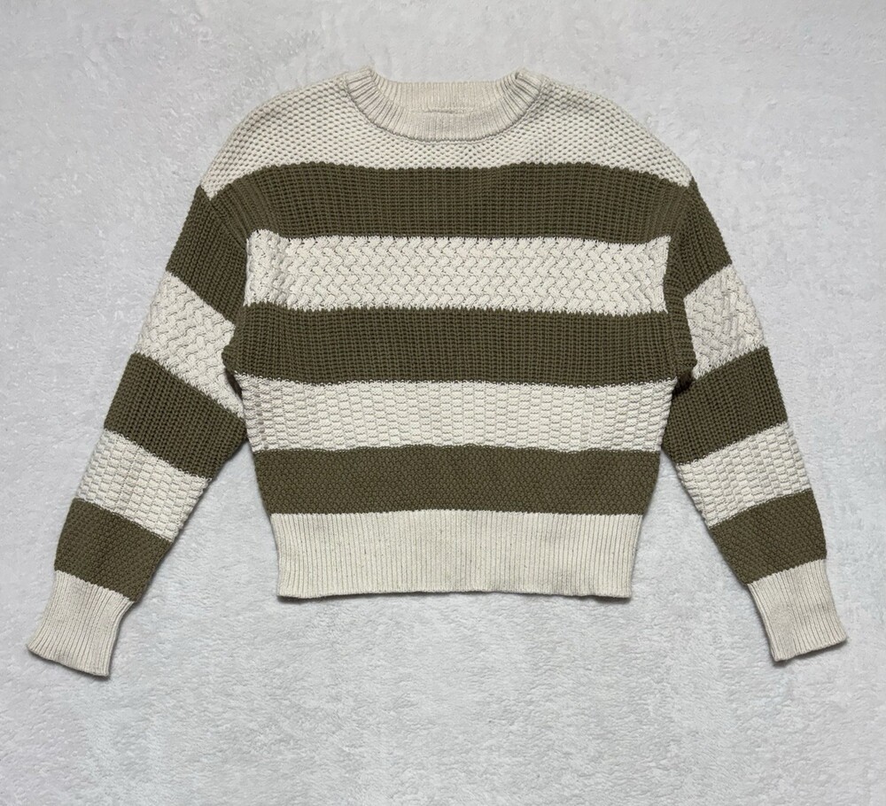 A New Day Sweater Womens Small Olive Green Ivory Striped Crew Neck Long Sleeve